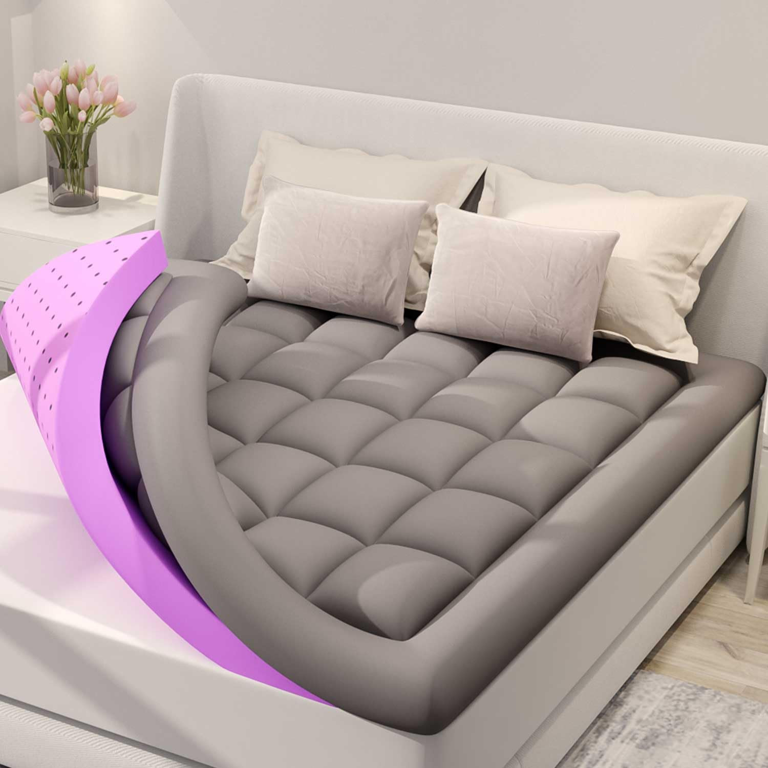 BDEUS Dual Layer 4 Inch Memory Foam Mattress Topper King Size, 2 Inch Gel Mem...