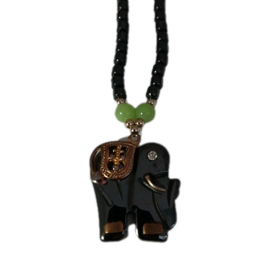 赤铁矿宝石大象吊坠项链黑色青铜色带绿色珠子 18 — 第 2/4 张图片