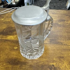 Crystal West German vintage beer stein with etched Pinecones and pewter lid
