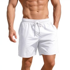 Men's White Swim Trunks 5 Inch Quick Dry Board Shorts Mesh Lining Swimming Tr...
