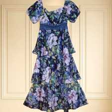 OASIS SZE 10 BLUE ORGANZA FLORAL RUFFLE DRESS COCKTAIL LADIES DAY OCCASION PARTY