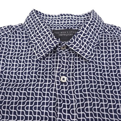 Bloomingdales Linen Button Up Shirt Mens Medium True Navy Blue Short Sleeve NWT