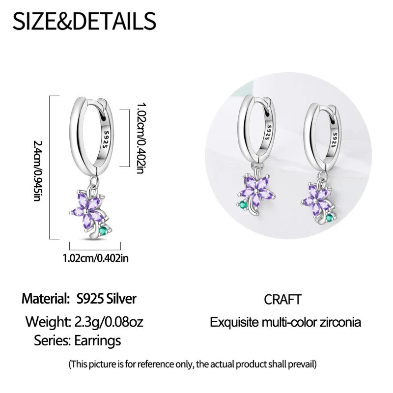 PANDACH 925 Sterling Silver Purple Flower Dangle Earrings For Women Jewelry Gfit - Image 3 of 4