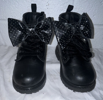Carter's Girls Black Bootie Ankle Boots Glitter Bow Hook & Loop US 8M EU 24
