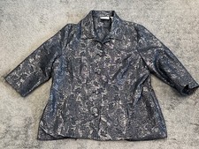 Alfred Dunner Jacket Womens 14 Paisley 3/4 Sleeve Button Front Metallic Blue