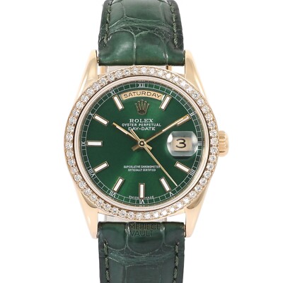 Rolex Day-Date 36mm President 18k Gold Green Index Leather Band Diamond Bezel