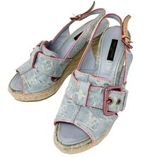 LOUIS VUITTON Vintage LV Monogram Denim Sandals 37 US 6.5 Wedge Sole Rank AB