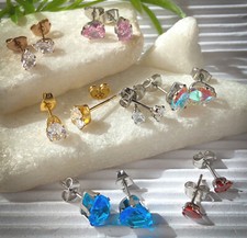 PAIR Tear drop CZ Gem Stud Earrings Teardrop Pear Steel, choose color  gem size