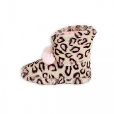 NWT Girls Faux Fur Bootie Boot Slippers Leopard Pink Poms S 10/11 M 12/13 L 1/2