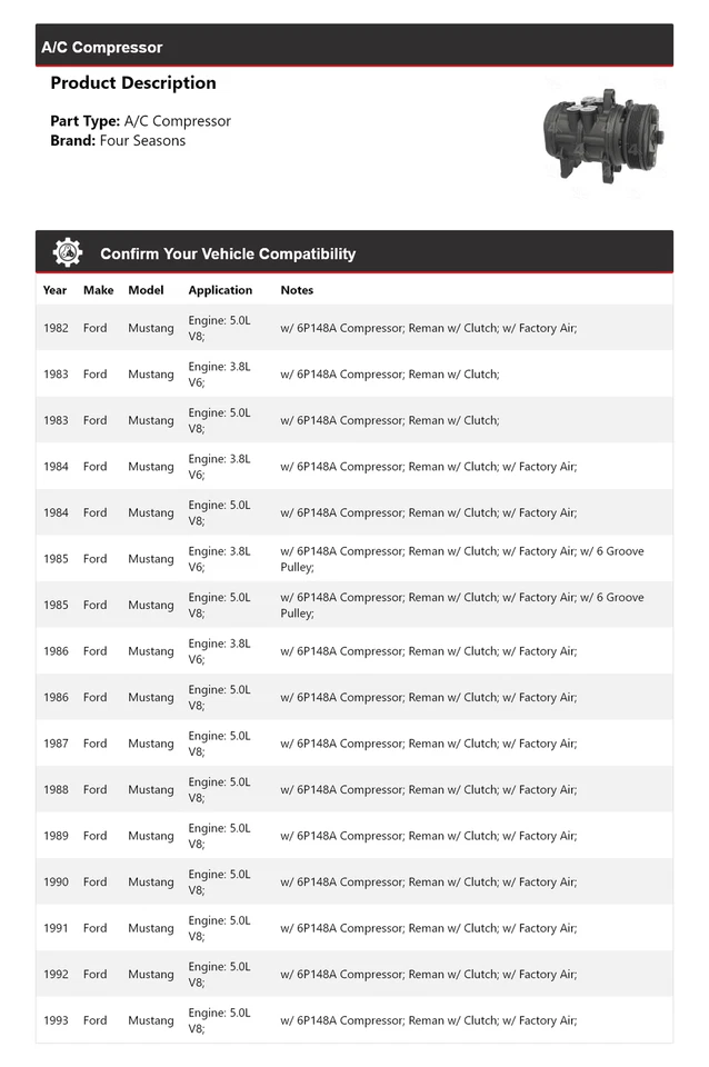 For 1982-1993 Ford Mustang A/C Compressor 4 Seasons 1983 1984 1985 1986 1987 - Image 2 of 4