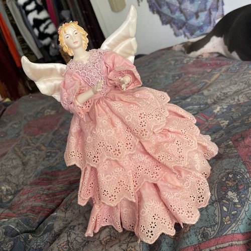Vintage Roman Angel Christmas Tree Topper Pink Ruffle Beautiful Flower Crown - Picture 12 of 12