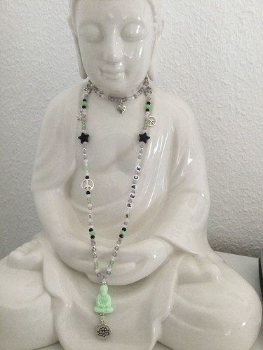Lange Kette Hippie Boho Ibiza Buddha Peace Glasperlen weiß schwarz grün grau - Bild 2 von 3