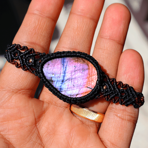 Bracciale Cristallo Macramè Fatto a Mano Naturale Labradorite Viola Flash Bellissimo - Foto 2 di 11