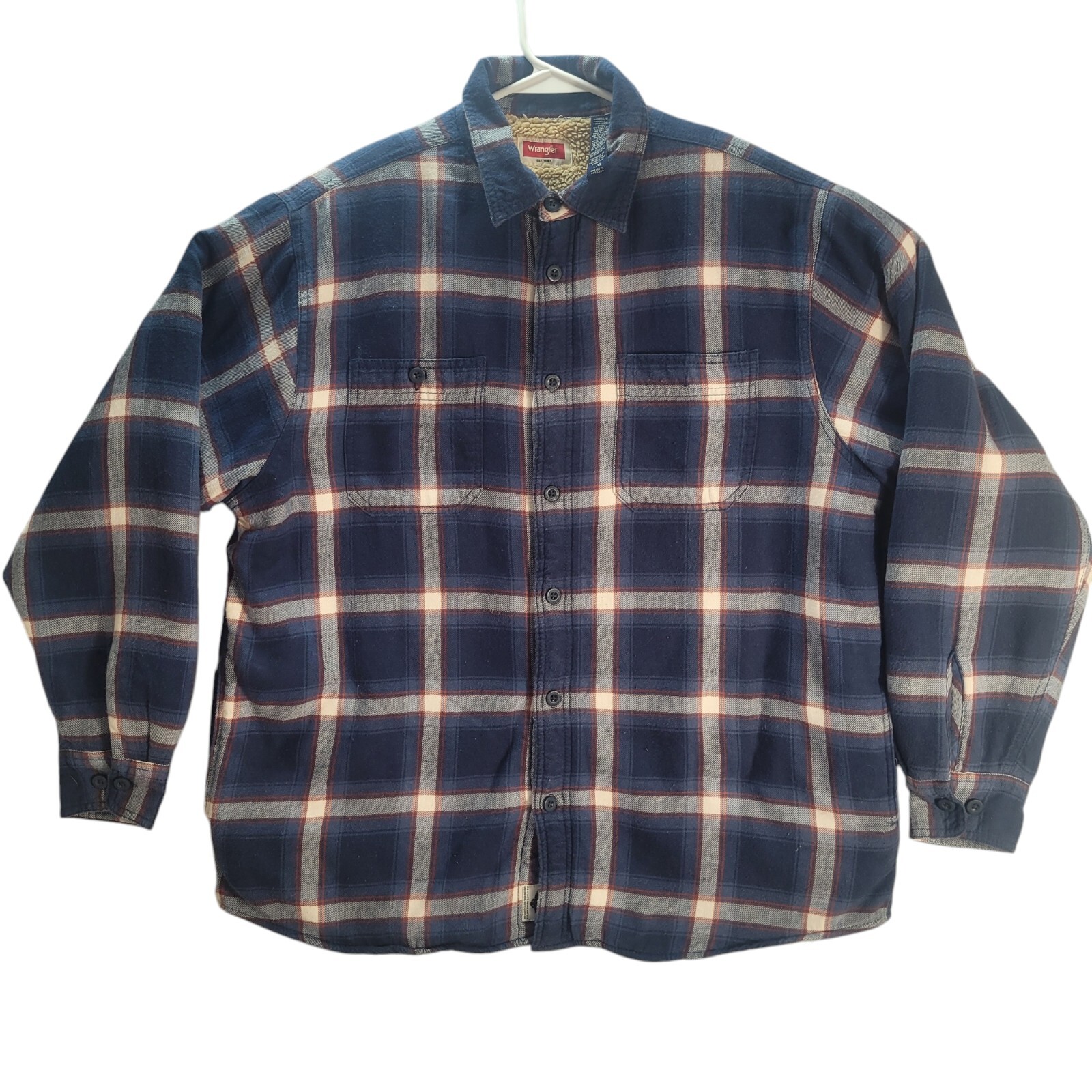 Wrangler Flannel Sherpa Lined Button Down Shirt Jacket Size L Blue White Plaid