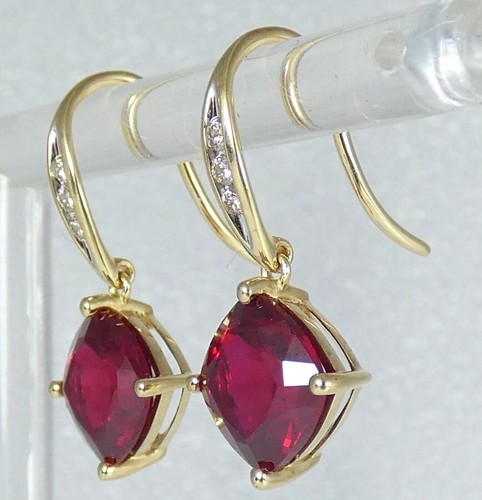 Solid 9ct Yellow Gold Set of Cushion Cut Ruby & Diamond Shepherd Hook Earrings - Picture 2 of 10