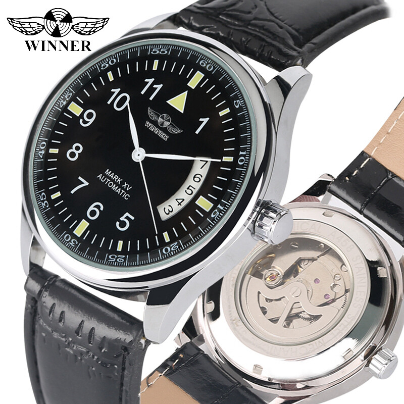 WINNER Mens Automatic Mechanical Watch Date Display Black Leather