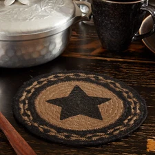 Farmhouse JUTE TRIVET Stencil Star 8" Set of 2 Country Primitive Khaki Black
