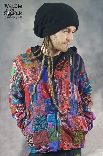 FLEECE LINED PATCHWORK JACKET Colourful Hippy Pixie Psytrance Festival UNISEX - Picture 4 of 13