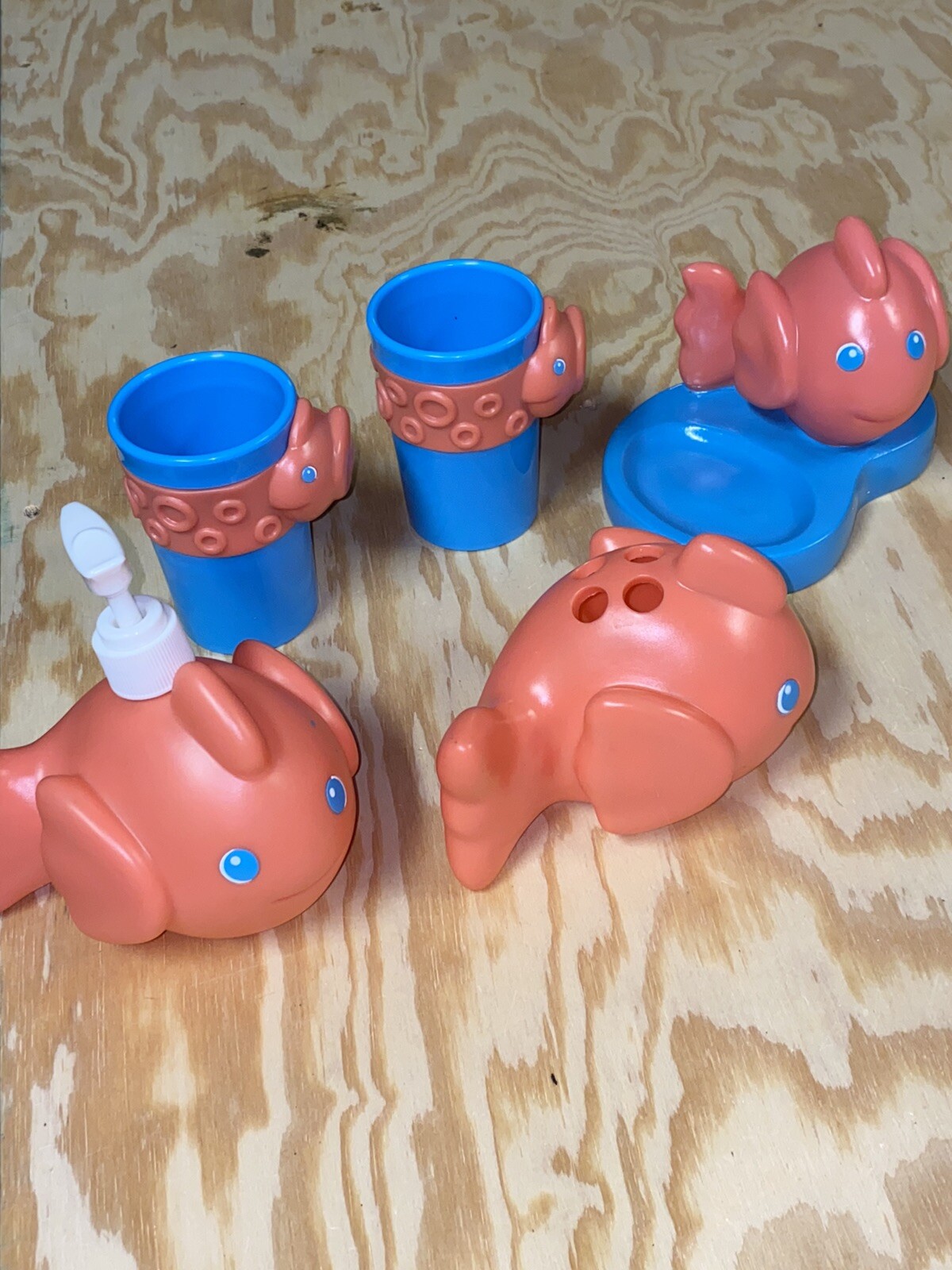 Colorful Cute Fish Bath Set of Five Coral Toothbrush, Soap Dispenser