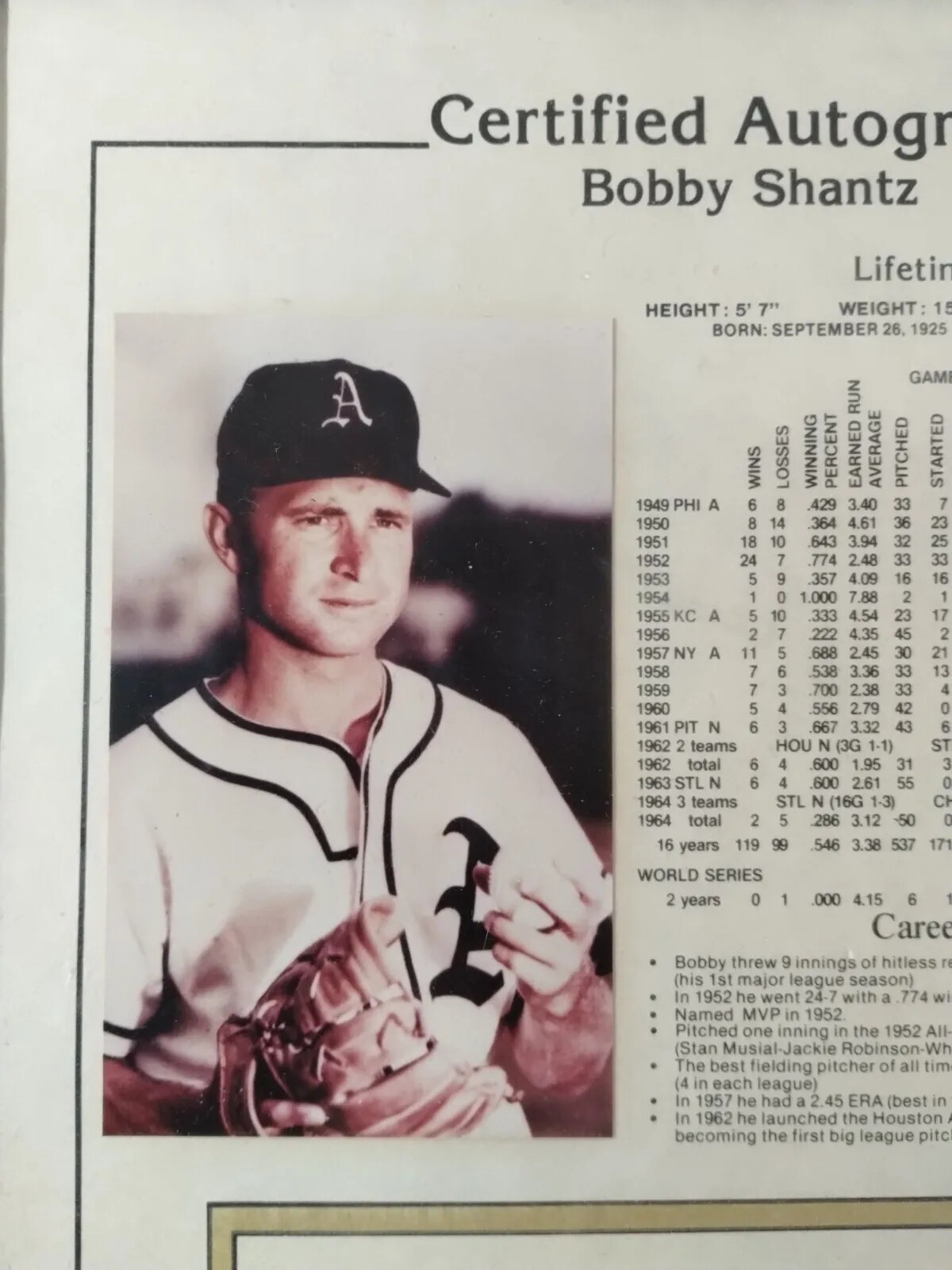 RARE Bobby Shantz KC Athletics Authentic Signed Autographed Framed 410562MVP