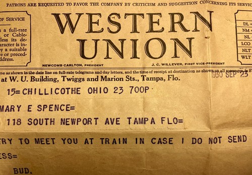 Western Union 1930 Chillicothe Ohio To Tampa Florida Vintage Message With Env
