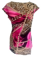 Joseph Ribkoff Tunic Top Blouse Black Pink Chain Animal Print Slinky Ruched 12 