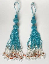 Vintage Glass Bead Decorative Tassel Curtain Tie Backs Twos Company Set 9” Aqua