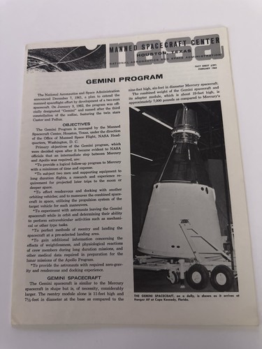 NASA Gemini Program Fact Sheet 291 Feb 1965 Manned Spacecraft Center EUC