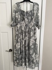 Baltic Born Dress Womens 1XL Floral Jacquard Midi Smocked Puff Sleeve , New