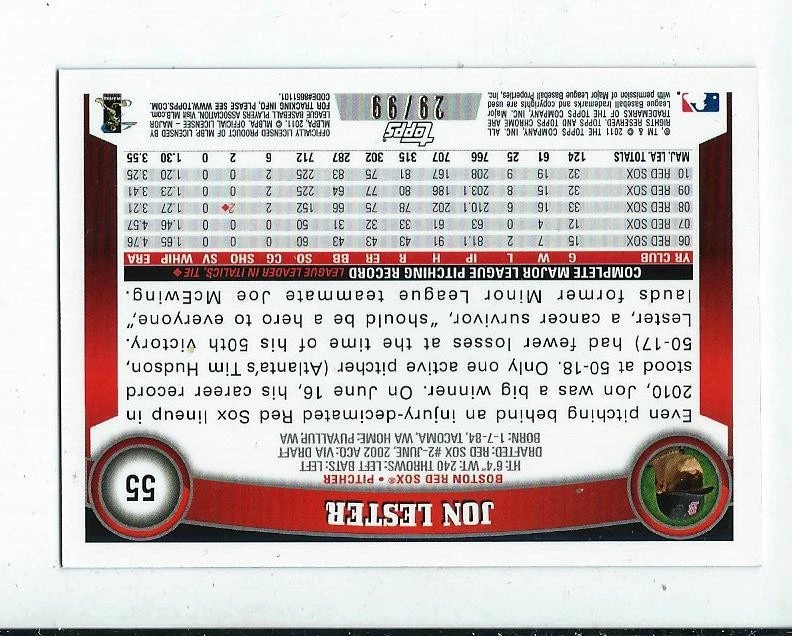 JON LESTER 2011 Topps Chrome (SEPIA Ref) #29/99 *High Grade MINT *100% Centered - Image 2 of 2