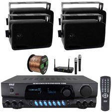 Pyle Stereo Radio Audio Receiver, 4x 3.5'' 200W Max 3-Way Speakers, Mic System