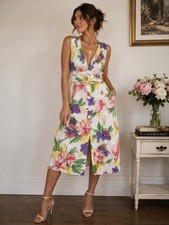 Vintage 90s Floral Cotton Midi Dress Belted Garden Party Cottagecore Sz 3/4