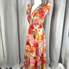 Vince Camuto Floral Tiered Midi Dress M 10 Maximalist Bright Garden Party Boho