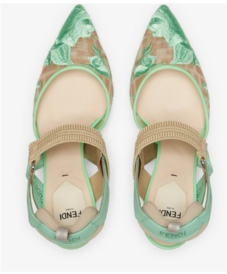 New Fendi Colibri Slingback Green Embroidery Mesh And Fabric 37.5