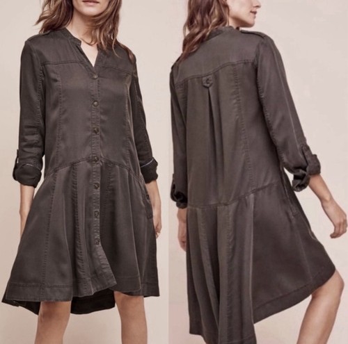 Anthropologie Holding Horses Mariona Shirt Dress Size 12 Gray Lyocell Tencel