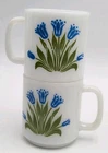 Glasbake McKee Tulip 2 Mugs Cup White Milk Glass Blue Green Floral MCM Pair Vtg