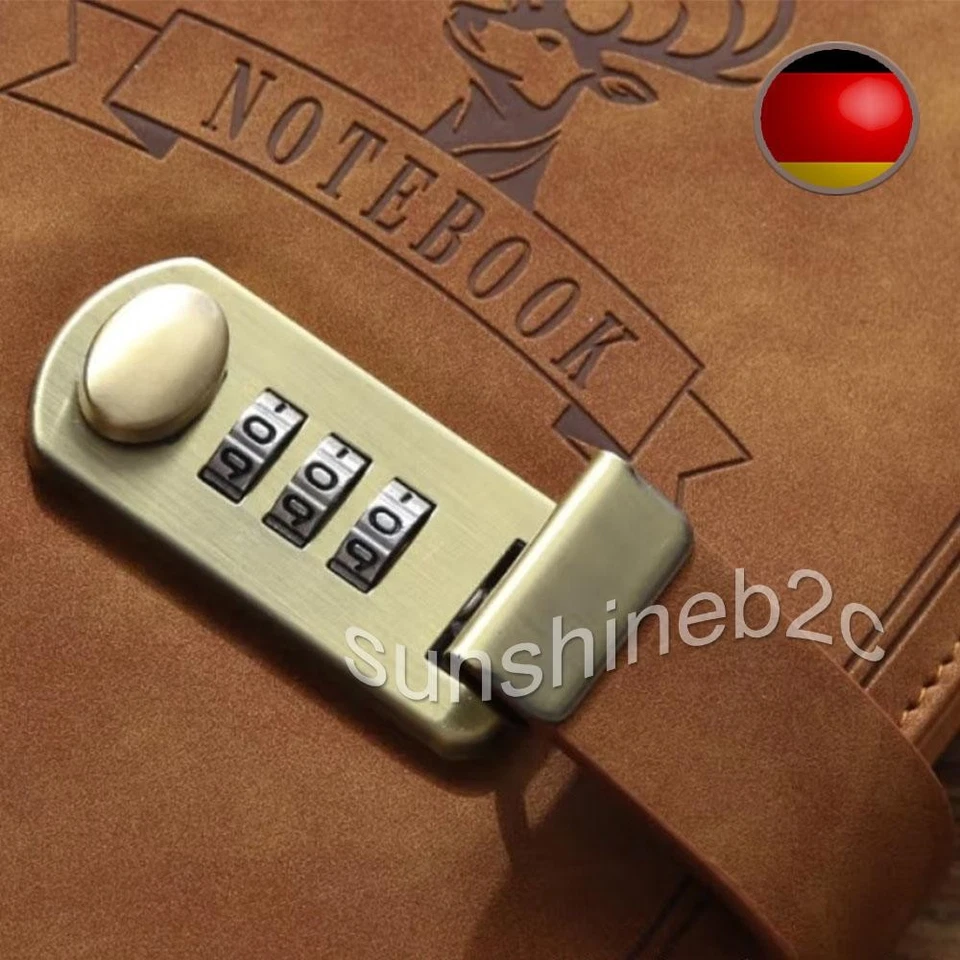 Notizbuch Tagebuch mit Schloss, Zahlencode, liniert, Kunstleder, Braun, A5 - Bild 3 von 4