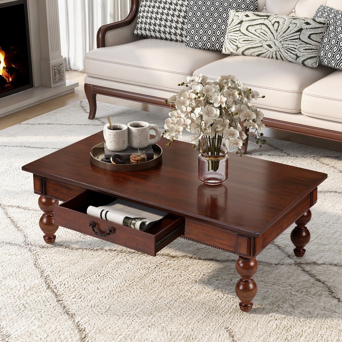 Vintage Rectangular Solid Wood Coffee Table Cocktail Table with