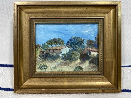 Signed Country Landscape Miniature Oil Painting w/Gold Frame