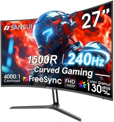 27 Inch Curved 240Hz FHD Gaming Monitor, 1500R, HDR, FreeSync, 1ms Response