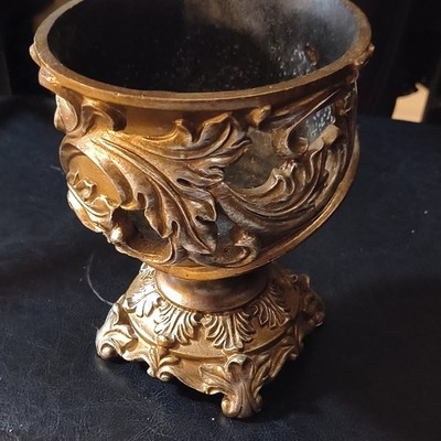 Decorative Gold Metal Urn, Ornate Metalware Container with Leaf Motif, Urns Type