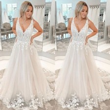 Boho Wedding Dresses V Neck Lace Flower Appliques Beach Sweep Train Bridal Gown
