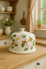 Vintage Magnolia Floral Ceramic Cake Dome Lid Embossed Pink Green Cottage Core