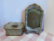 Vintage Art Deco Pearlized Silver Celluloid Vanity Set Dresser Box And Frame