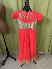 Children's Red and gold Anarkali suit with dupatta and pants, For Girls, Indian