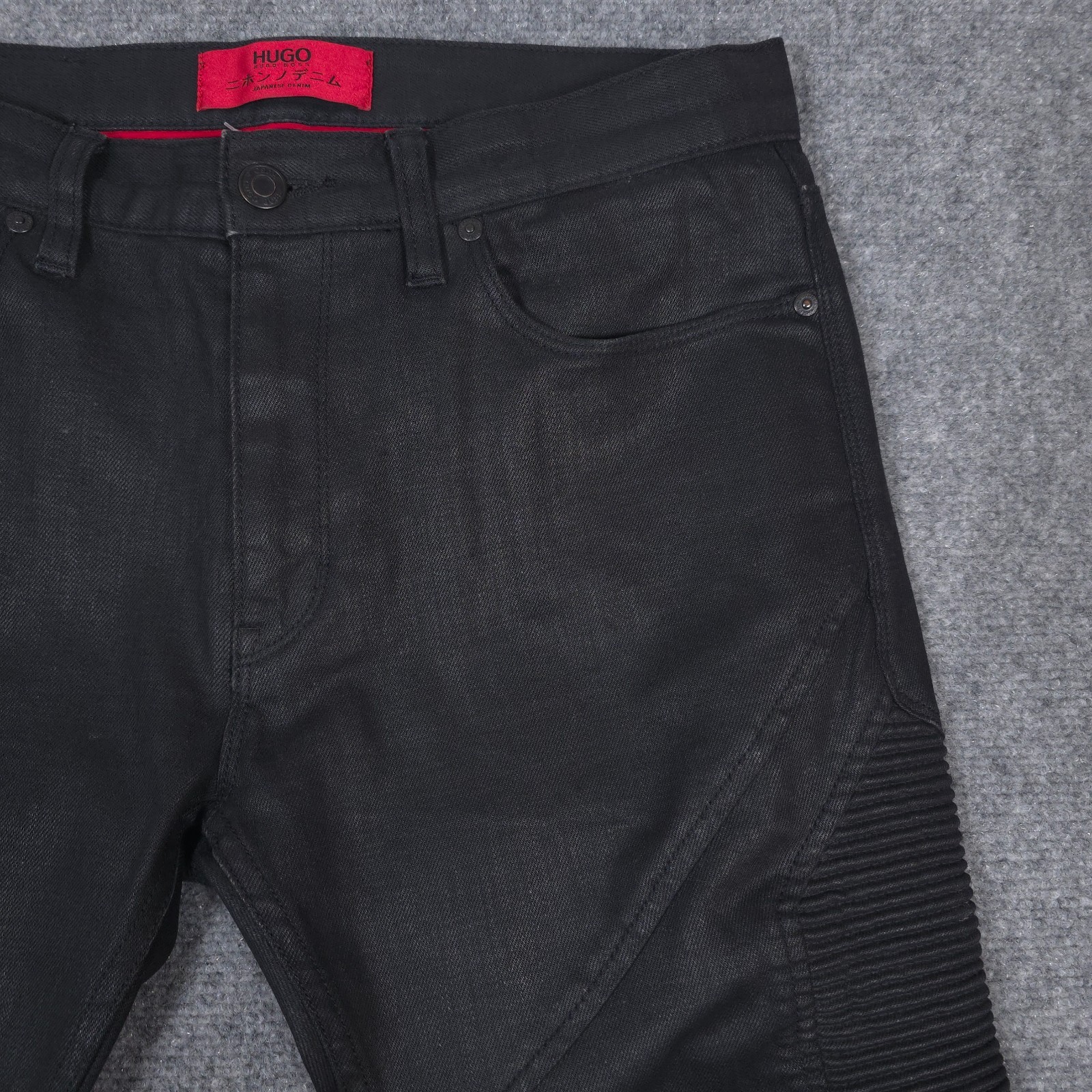 HUGO Boss Pants 32x30* Black Moto Biker Wax Coated Jeans Japanese Denim READ thumbnail 3