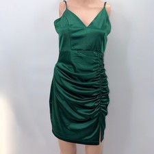 Honey and Rosie L Emerald Satin Ruched Bodycon Baddie Sultry Y2K Glam Clubwear
