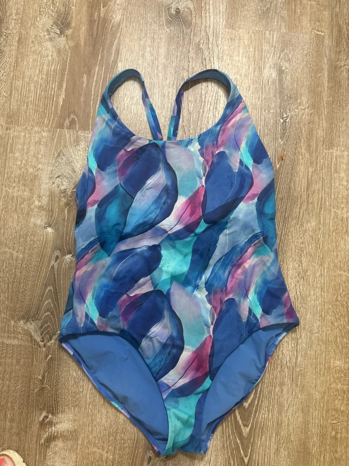 ATHLETA Swimsuit Women XL One Piece MALIBU BLUE Floral Racerback EUC - Image 3 of 4