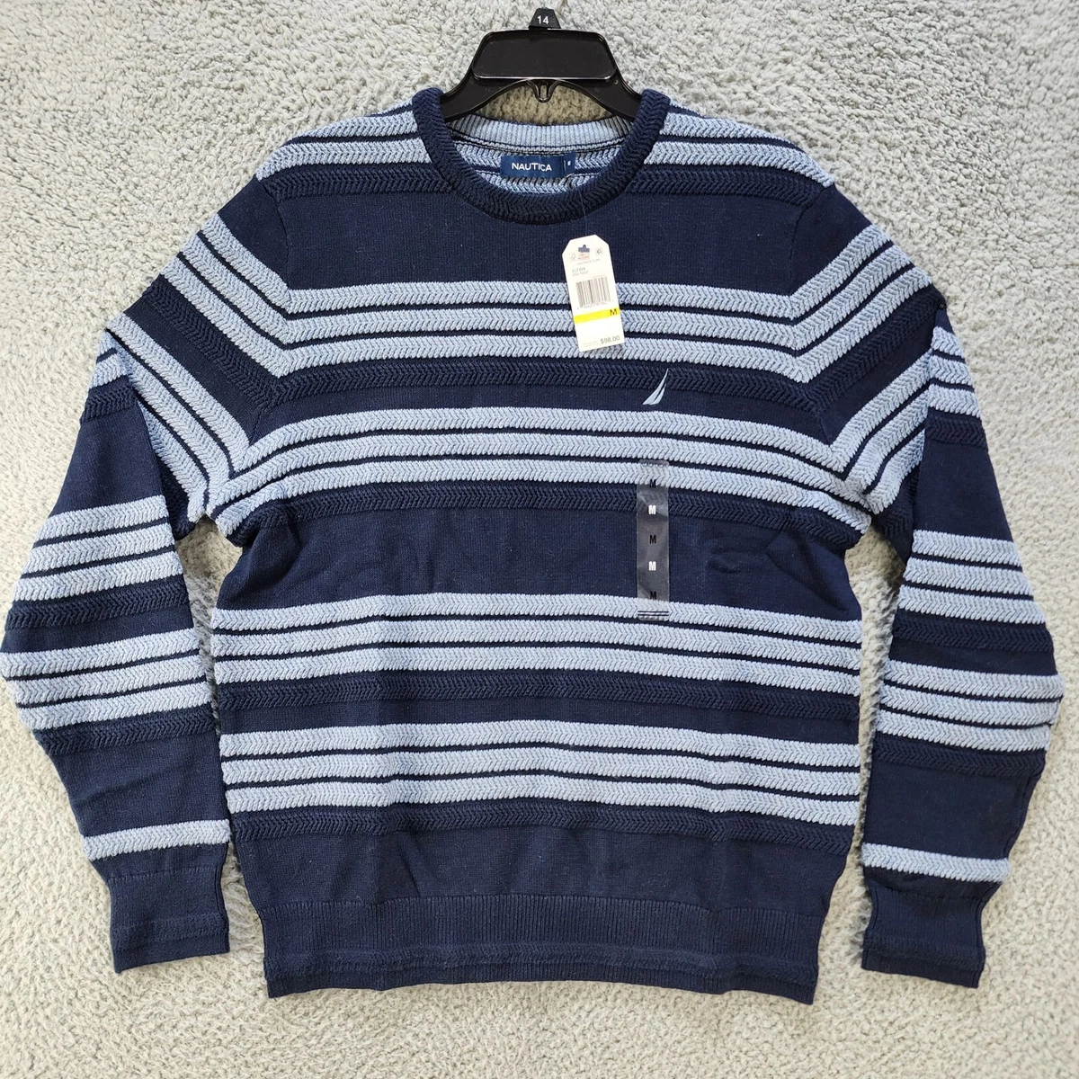Nautica Striped Sweater Men's M Navy/Light Blue Round Neck Embroidered Logo L/S