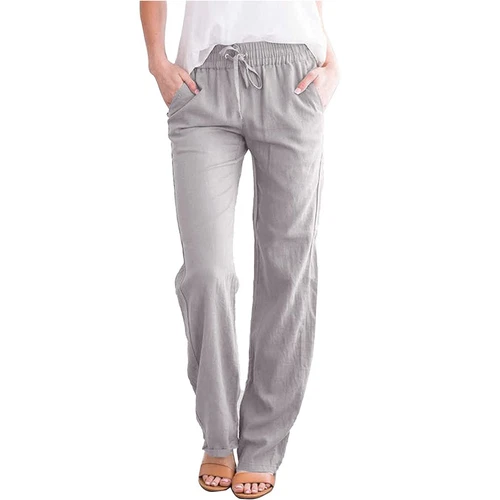 Damen Gerade Elastische Taille Hose Kordelzug Baumwolle Leinen Freizeit Lockere Hose - Bild 12 von 43